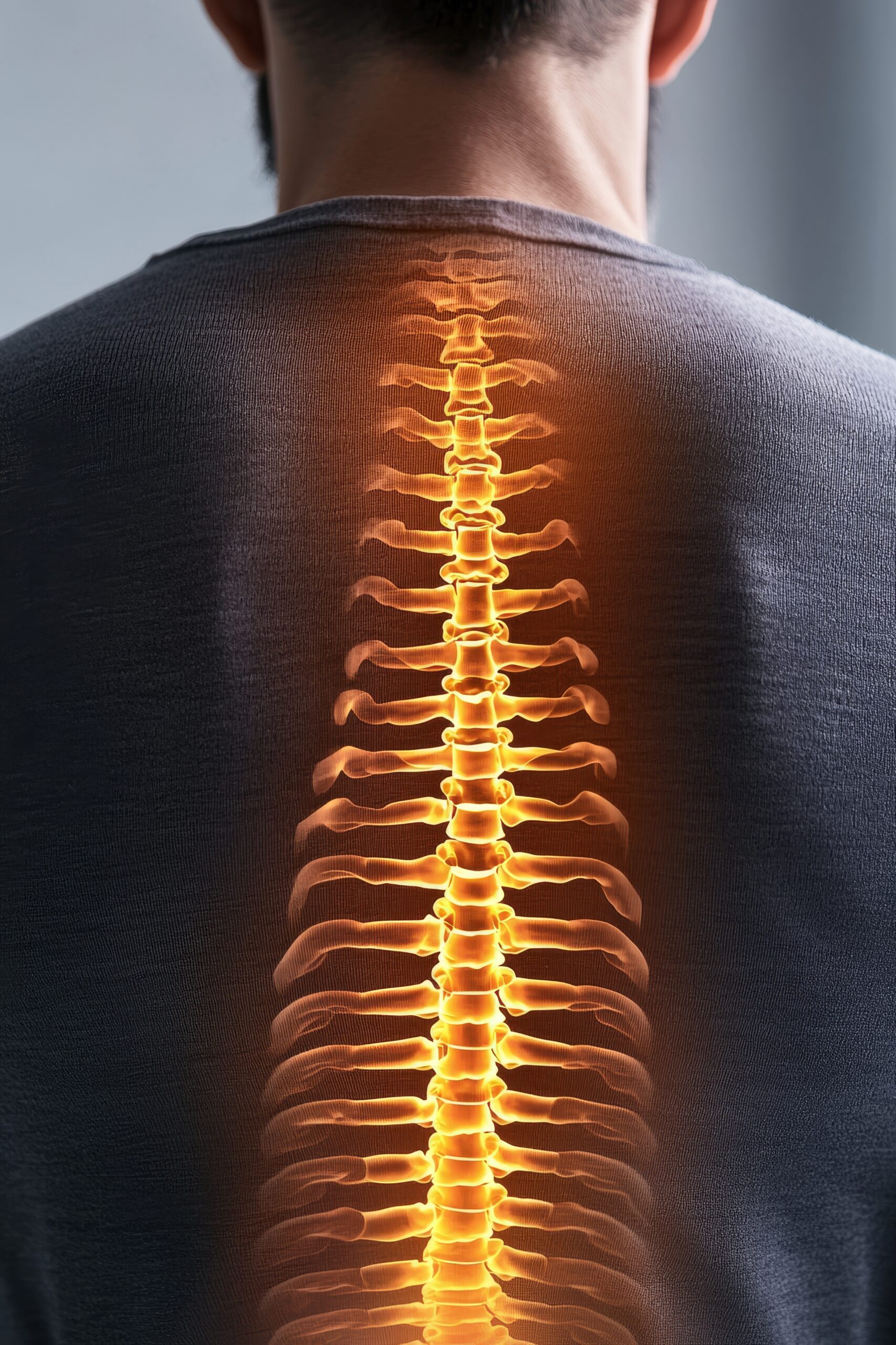 Close-up of a mans back with a glowing spinal column, illustrating pain in the lower back and the concept of musculoskeletal health